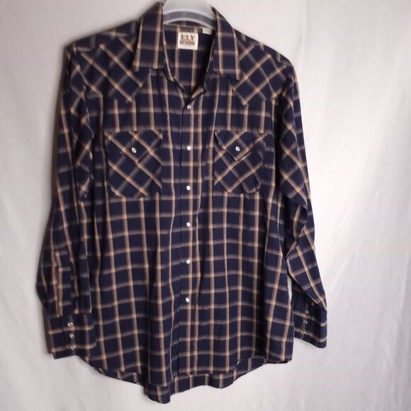 ELY Cattleman Men's Navy/Tan Pearl Snap Button Dow Long Sleeve Cowboy Shirt Sz L - Picture 3 of 7